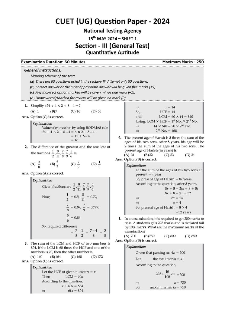 NTA CUET (UG) | Chapter-wise & Topic-wise Question Bank | Quantitative Aptitude | Section III (Compulsory) Solved Papers (2021-2024)| For 2025 Exam