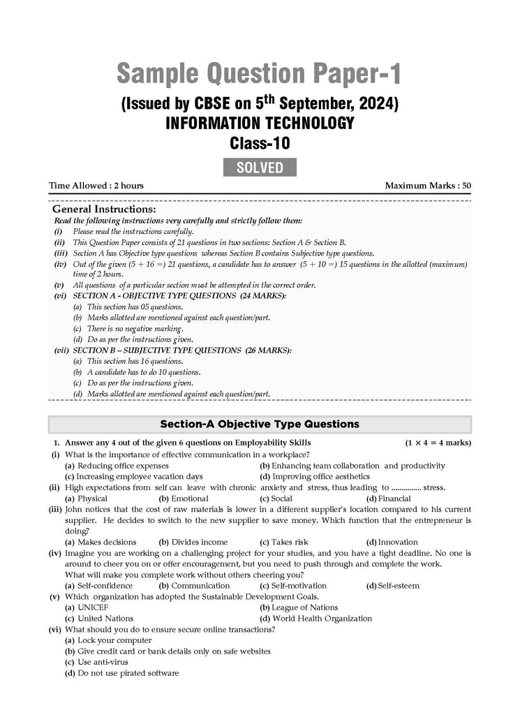 CBSE Sample Question Papers Class 10 Information Technology Book (For 2025 Exam)