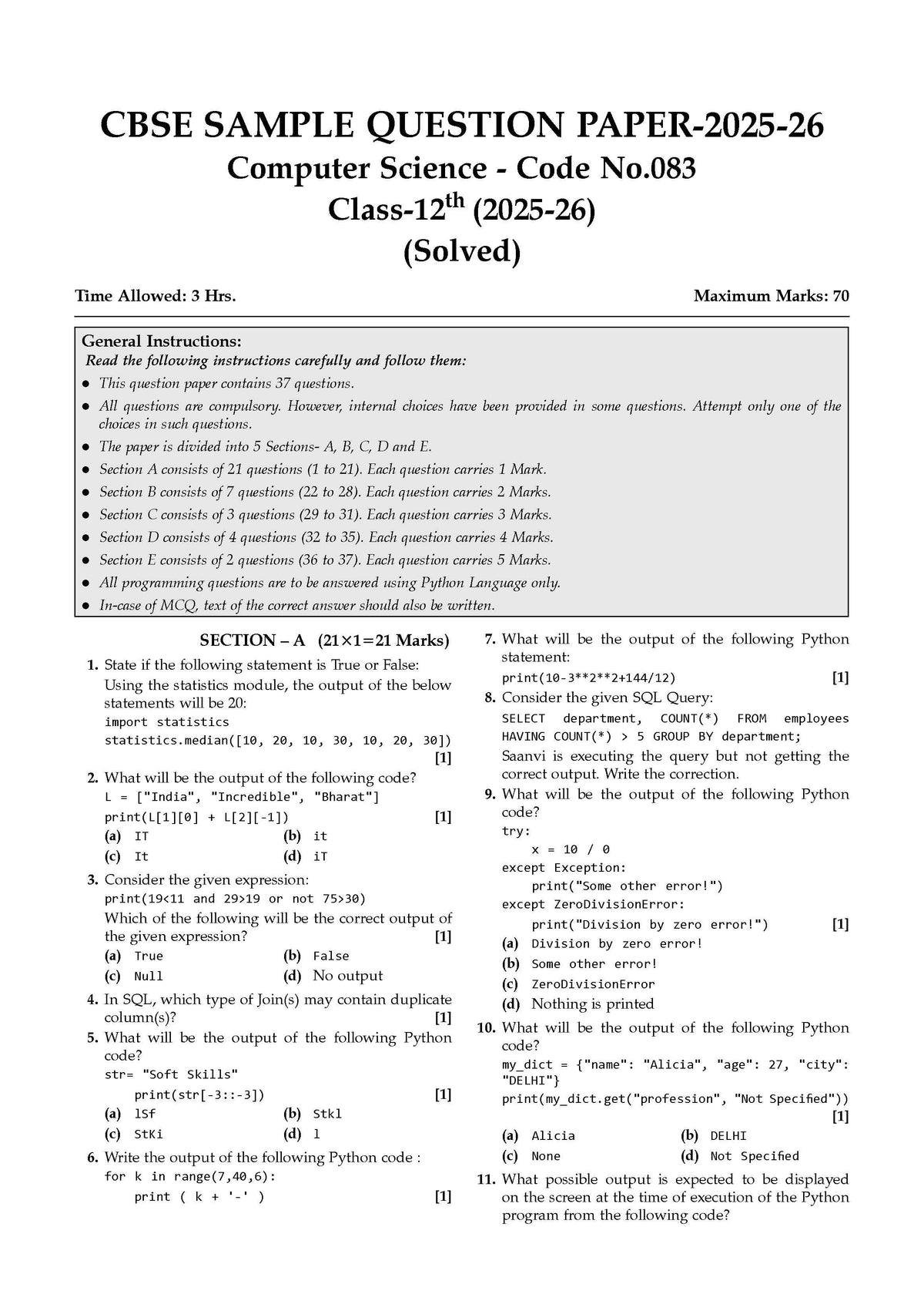 CBSE Class 12 Computer Science Question Bank | Chapter & Topic-wise Solved Papers (2017-2026) | Based on Latest Syllabus (April 2026) | Includes 2026 Papers | For 2027 Exam