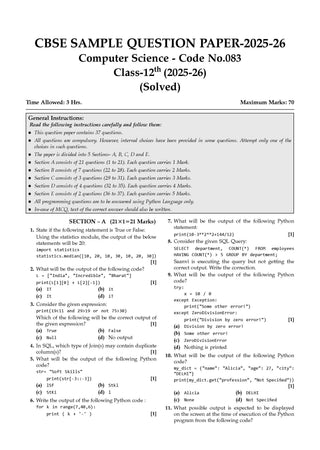 CBSE Class 12  Computer Science Question Bank | Chapter & Topic-wise Solved Papers (2017–2026) | Based on Latest Syllabus (April 2026) | Includes 2026 Papers | | For 2027 Exam