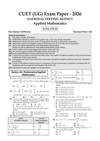 NTA CUET (UG) Chapter-wise Solved Papers Question Bank | Applied Mathematics | PYQs (2022–2026) NCERT aligned MCQs | With Solved Paper 2026 | For 2027 Exam | With Oswaal AI