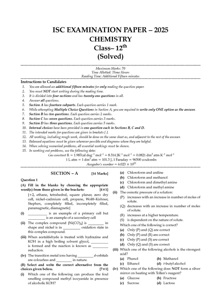 ISC 10 Previous years' Solved papers year-wise 2015-2025, Class-12, Science: PCM: Physics, Chemistry, Mathematics, English 1, English 2, Hindi, Computer science (For 2026 Exam)