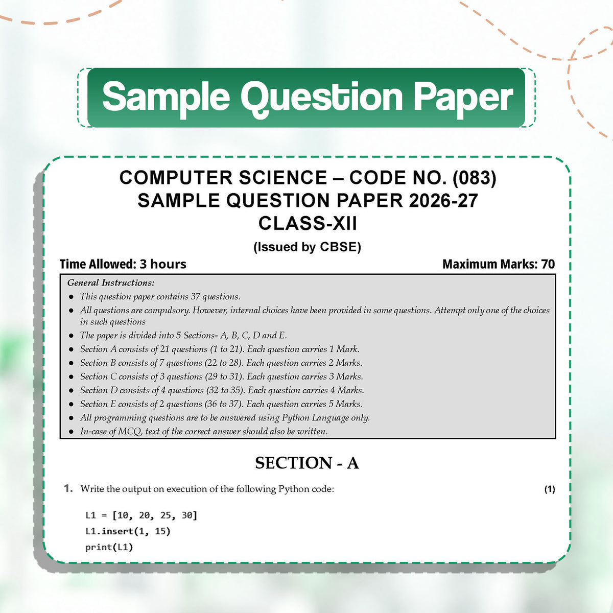 Oswaal CBSE 15 Sample Question Papers Class 12 Board Exam Computer Science 2026-27 based on latest CBSE SQP dated (21 Sep 2026) | New Questions Typologies With Oswaal AI