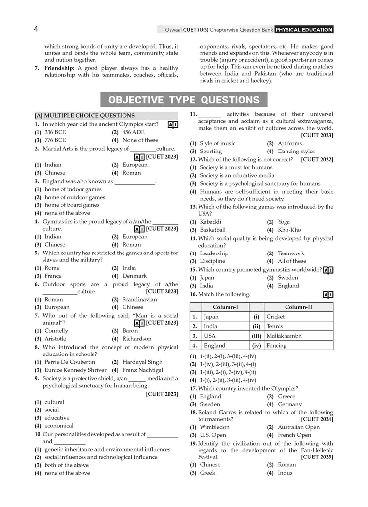 NTA CUET (UG) Chapterwise Question Bank Physical Education (For 2025 Exam)