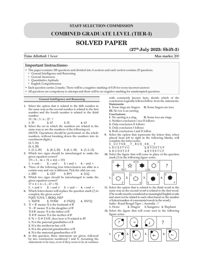 SSC (Staff Selection Commission)| CGL (Combined Graduate Level)|Tier-1| 27 Previous Solved Papers| Year-wise (2016 to 2024)| For Exam 2025