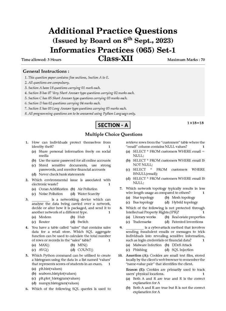 CBSE Question Bank Class 12 Informatics Practices, Chapterwise and Topicwise Solved Papers For Board Exams 2025