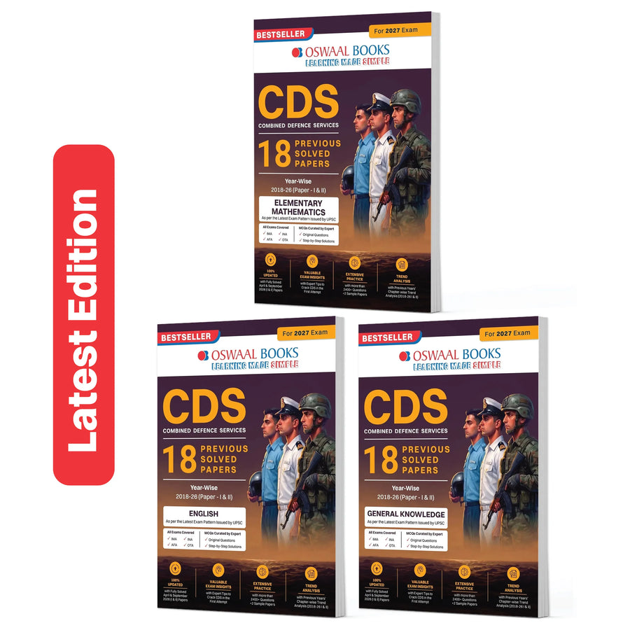 Oswaal CDS 18 Previous Years’ Solved Papers | Year-Wise 2018–2026 (I & II) | Elementary Mathematics, English & General Knowledge | Set of 3 | 2 Sample Papers per Book | For 2027 Exam | With Oswaal AI