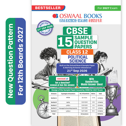 Oswaal CBSE 15 Sample Question Papers Class 12 Board Exam Political Science 2026-27 based on latest CBSE SQP dated (21 Sep 2026) | New Questions Typologies With Oswaal AI