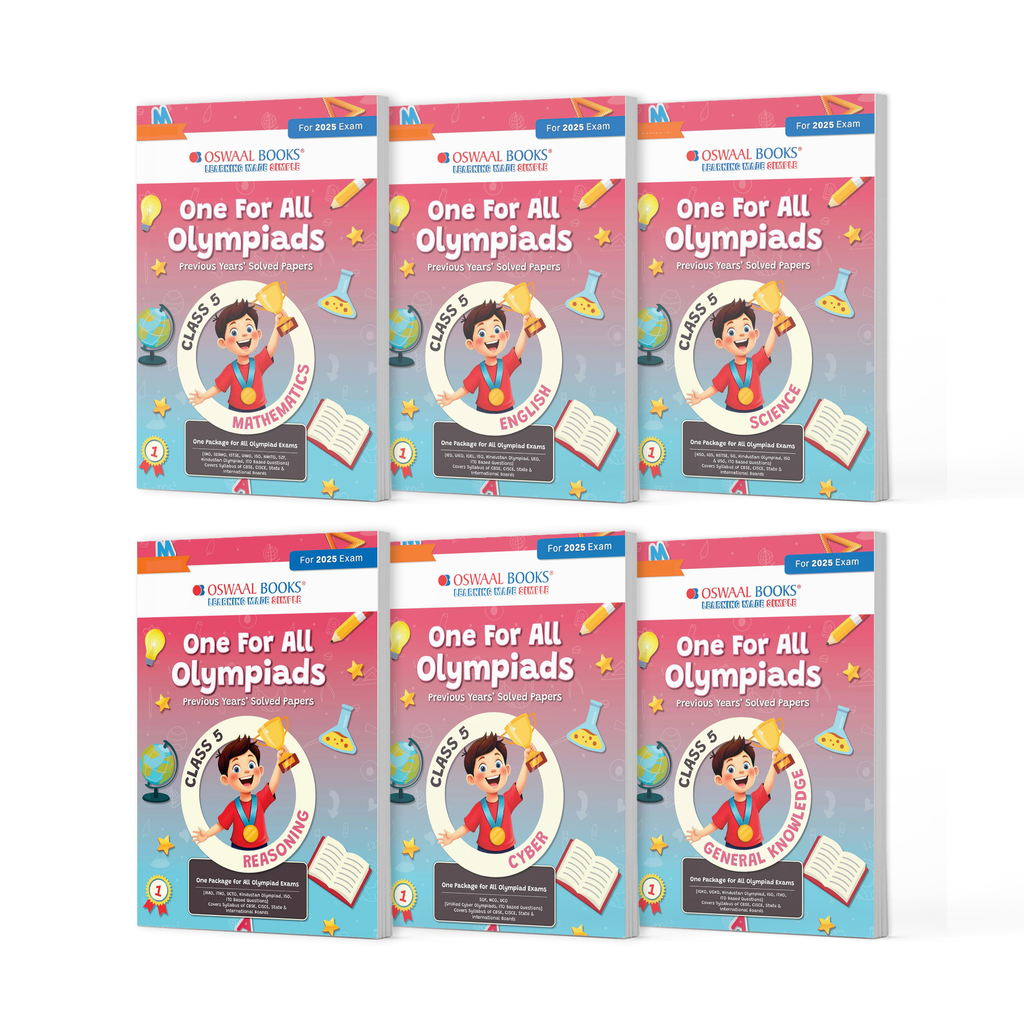 One For All Olympiad Previous Years' Solved Papers Class 5 (Set of 6 Books) Maths, English, Science, Reasoning, Cyber & General Knowledge (For 2025 Exam)