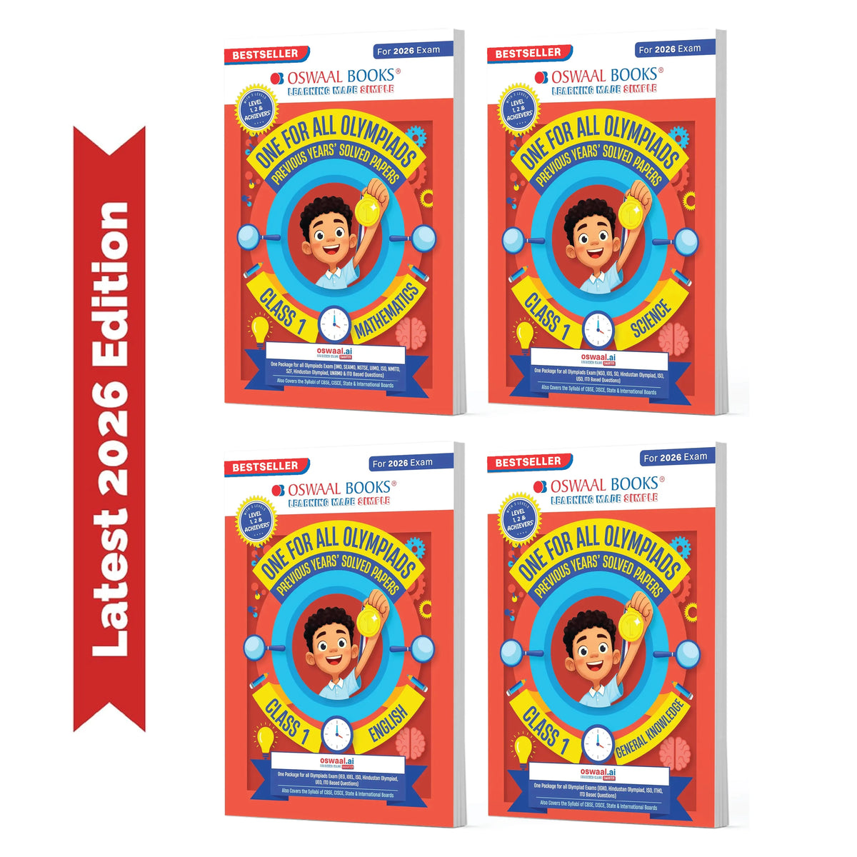 Oswaal One for All Olympiads | Class 1 Maths, Science, English, GK | Chapter-wise Previous Years' Solved Papers | Prep-Guide With Level 1, 2 & Achievers Section (Set of 4 Books) For 2026 Exam