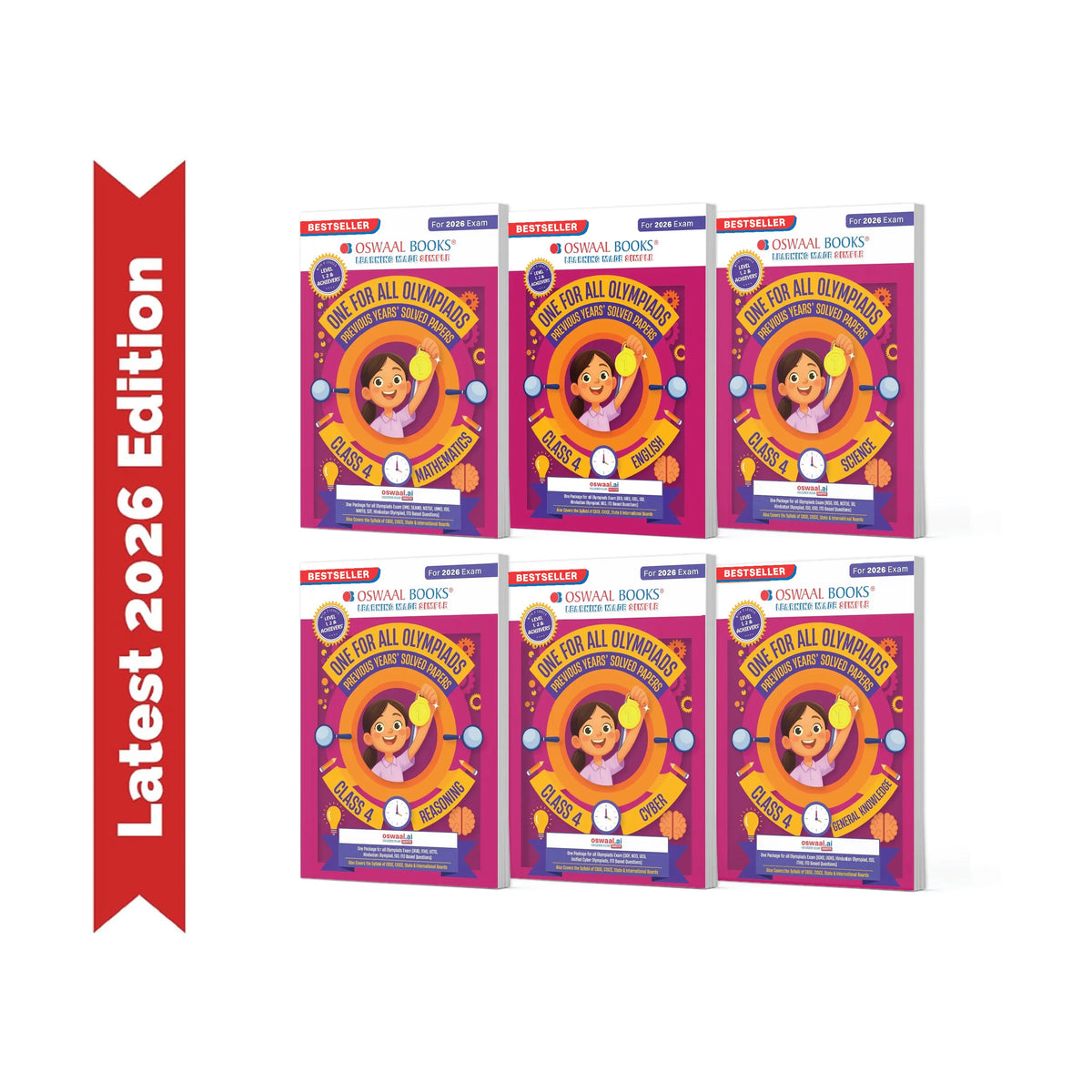 Oswaal One For All Olympiad Chapter-wise Previous Years' Solved Papers, Prep-Guide Class 4 (Set of 6 Books) Maths, English, Science, Reasoning, Cyber & General Knowledge (For 2026 Exam)
