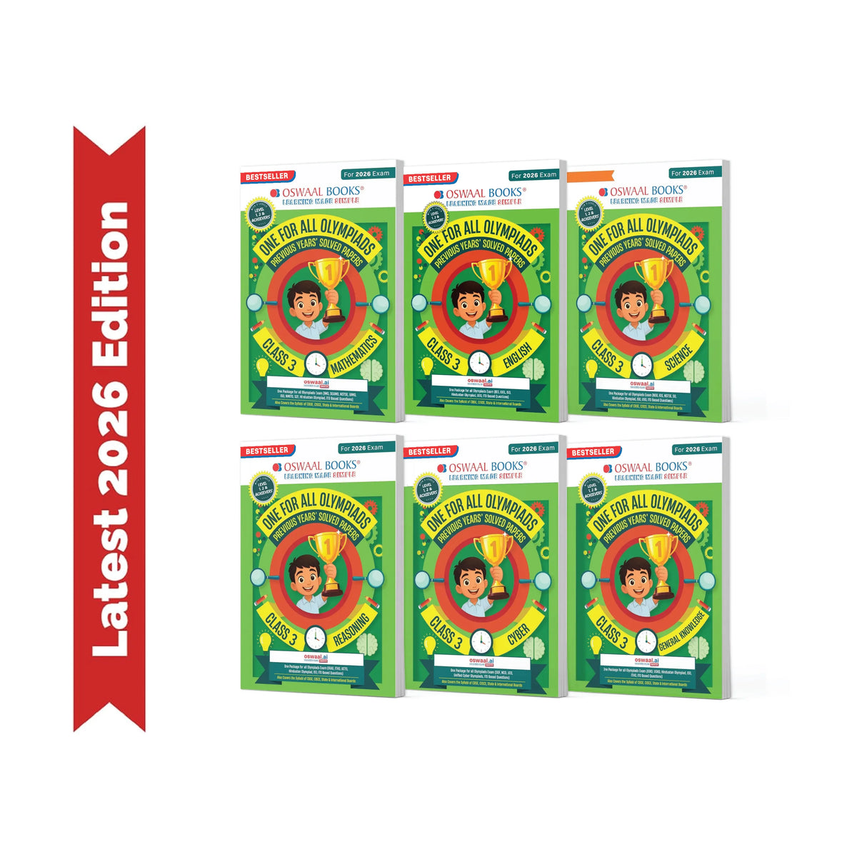 Oswaal One For All Olympiad Chapter-wise Previous Years' Solved Papers, Prep-Guide Class 3 (Set of 6 Books) Maths, English, Science, Reasoning, Cyber & General Knowledge (For 2026 Exam)