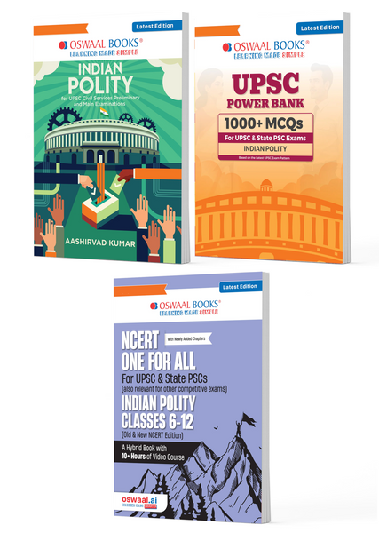UPSC Indian Polity Exam Pack 2026 (Set of 3 Books) | Indian Polity Guide +  Power Bank 1000+ MCQs + NCERT One For All (Classes 6-12) | PYQs, 1500+ Practice Qs, Mind Maps, Summaries & Exam Readiness