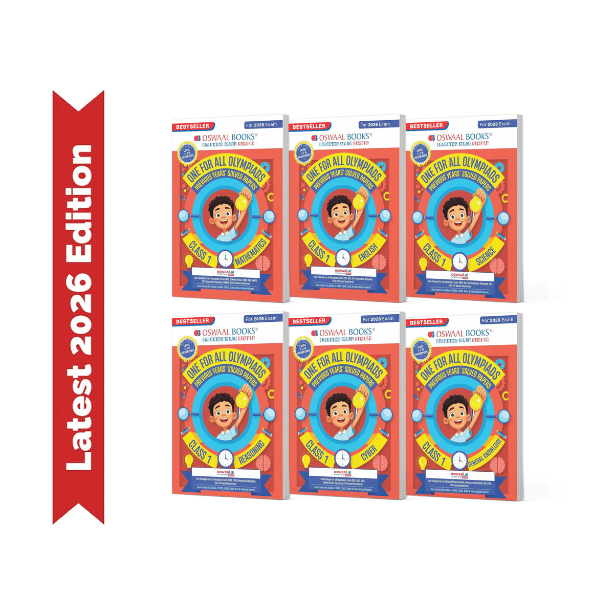 Oswaal One For All Olympiad Chapter-wise Previous Years' Solved Papers, Prep-Guide Class 1 (Set of 6 Books) Maths, English, Science, Reasoning, Cyber & General Knowledge (For 2026 Exam)