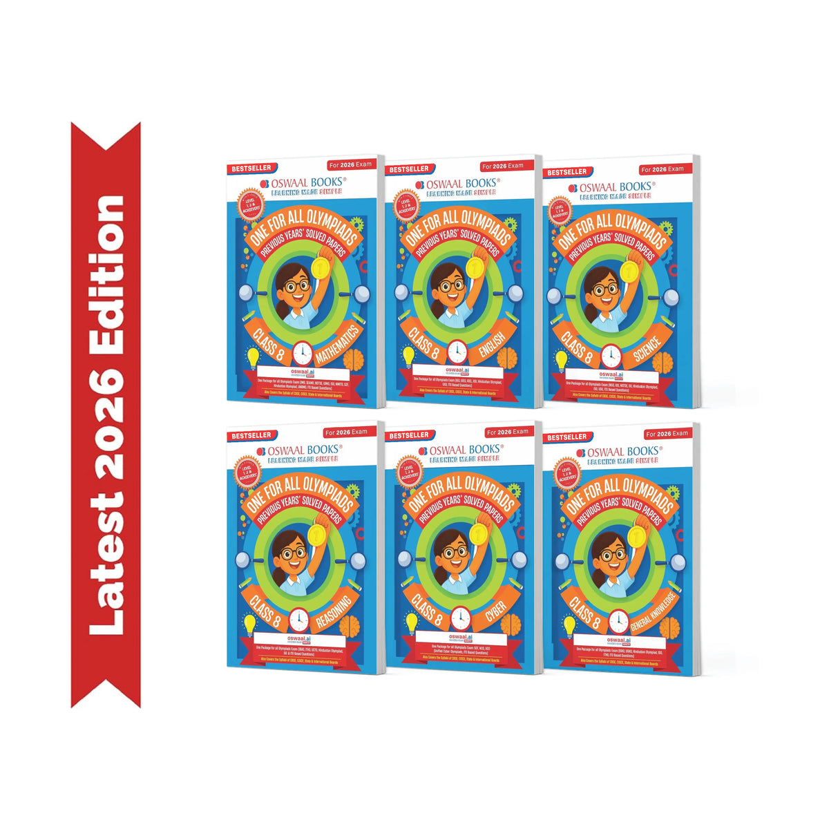 Oswaal One For All Olympiad Chapter-wise Previous Years' Solved Papers, Prep-Guide Class 8 (Set of 6 Books) Maths, English, Science, Reasoning, Cyber & General Knowledge (For 2026 Exam)