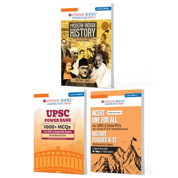 UPSC History Exam Pack 2026 (Set of 3 Books) | Modern Indian History + Power Bank 1000+ MCQs + NCERT One For All (History Class 6 - 12) | PYQs, 1500+ Practice Qs, Mind Maps, Smart Summaries & Exam Readiness
