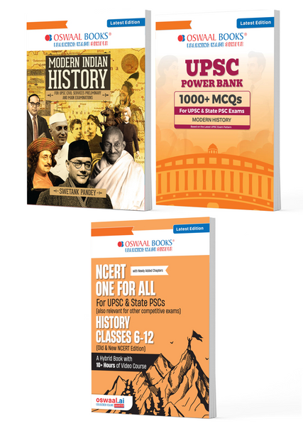UPSC History Exam Pack 2026 (Set of 3 Books) | Modern Indian History + Power Bank 1000+ MCQs + NCERT One For All (History Class 6 - 12) | PYQs, 1500+ Practice Qs, Mind Maps, Smart Summaries & Exam Readiness