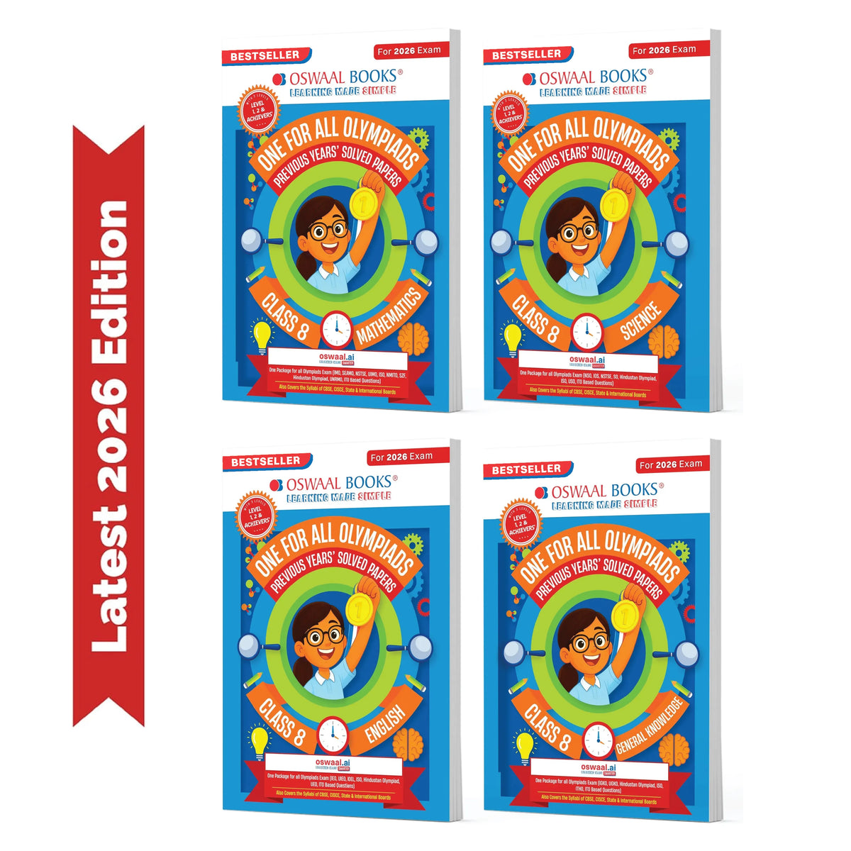 Oswaal One for All Olympiads | Class 8 Maths, Science, English, GK | Chapter-wise Previous Years' Solved Papers | Prep-Guide With Level 1, 2 & Achievers Section (Set of 4 Books) For 2026 Exam