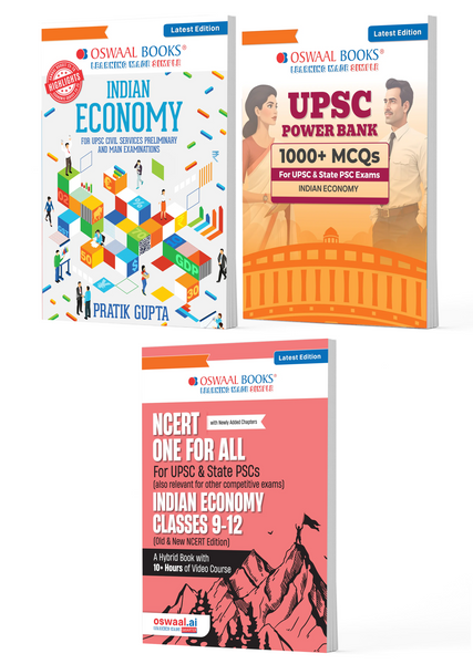 UPSC Indian Economy Exam Pack 2026 (Set of 3 Books) |  Indian Economy Guide + Power Bank 1000+ MCQs + NCERT One For All (Indian Economy Class 6 - 12) | PYQs, 1500+ Practice Qs, Mind Maps, Smart Summaries & Exam Readiness