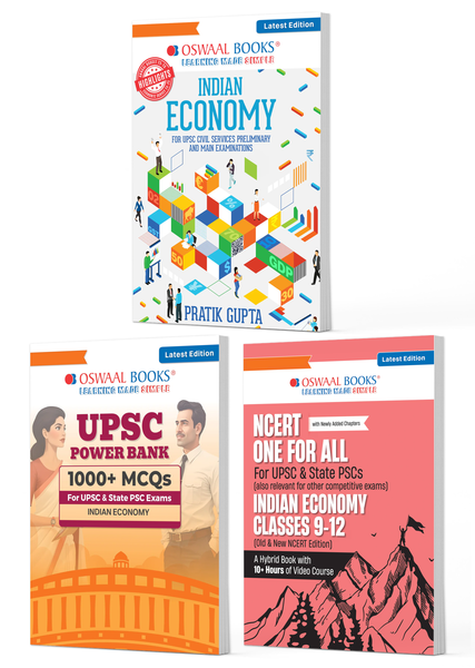 UPSC Indian Economy Exam Pack 2026 (Set of 3 Books) |  Indian Economy Guide + Power Bank 1000+ MCQs + NCERT One For All (Indian Economy Class 6 - 12) | PYQs, 1500+ Practice Qs, Mind Maps, Smart Summaries & Exam Readiness