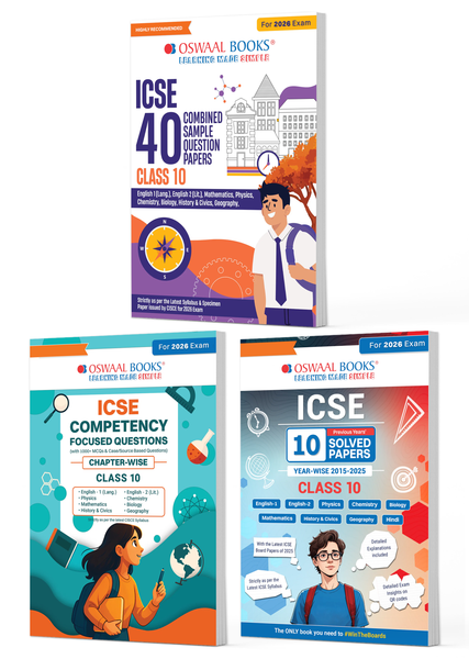 ICSE Class 10,  40 Combined Sample Question Papers + Competency Focussed Questions + 10 Previous Years' Solved Papers  Physics, Chemistry, Maths, Biology, English Paper-1, English Paper-2, History& Civics, Geography (Set of 3 Books) for 2026 Board Exams