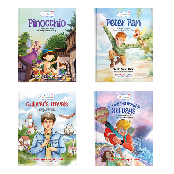 Lil Legends Re-Imagined Classics: Illustrated Classic Story Books for Kids – Pinocchio, Peter Pan, Gulliver’s Travels & Around the World in 80 Days (Set of 4)