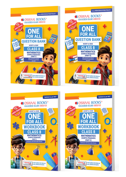 One For All Question Bank + One For All Workbook (NCERT & CBSE) Mathematics Part-1 & Part-2 Class 8 (Set of 4 Books) | Updated As Per NCF For Latest Exam