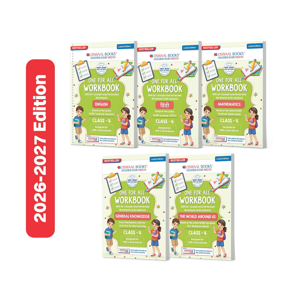 Oswaal One for All Workbook Class 4 English, Hindi, Maths, GK & EVS (Set of 5 Books) | 50+ Concept-wise Perforated Worksheets | NEP 2020 & NCF 2023 Aligned | For CBSE & State Boards | Builds Concept Clarity & Scientific Skills