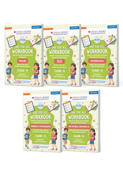 One for All Workbook Class 4 English, Hindi, Maths, GK & EVS (Set of 5 Books) | 50+ Concept-wise Perforated Worksheets | NEP 2020 & NCF 2023 Aligned | For CBSE & English Medium Boards | Builds Concept Clarity & Scientific Skills