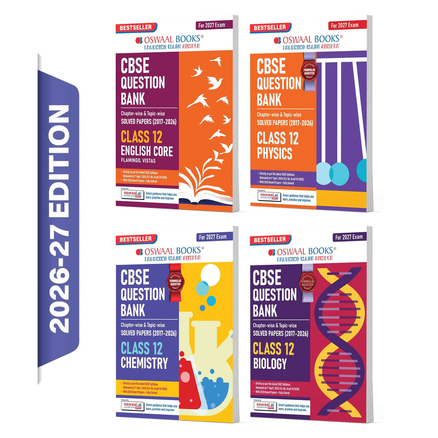 Oswaal CBSE Question Bank for Class 12 English Core, Physics, Chemistry & Biology (Set of 4) Chapter & Topic-wise: Solved Papers (2017-2026) | 2026 solved Papers | With Oswaal AI | For 2027 Exam
