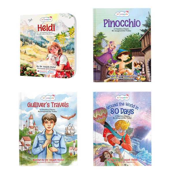Lil Legends Re-Imagined Classics: Illustrated Classic Story Books for Kids – Heidi, Pinocchio, Gulliver’s Travels & Around the World in 80 Days (Set of 4)