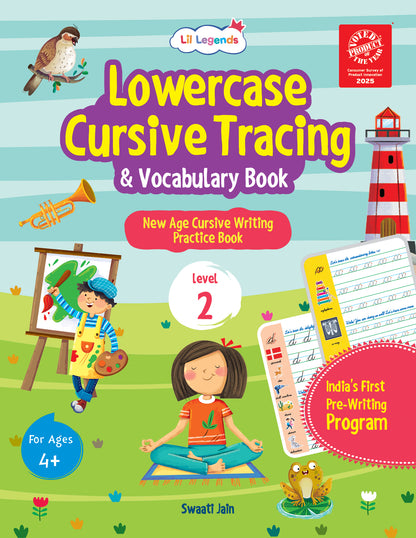 Oswaal Lil Legends Lowercase Cursive Tracing & Vocabulary Workbook for Kids | Level 2 Handwriting Practice Book | Learn Letter Formation & Improve Writing Skills | Age 4+
