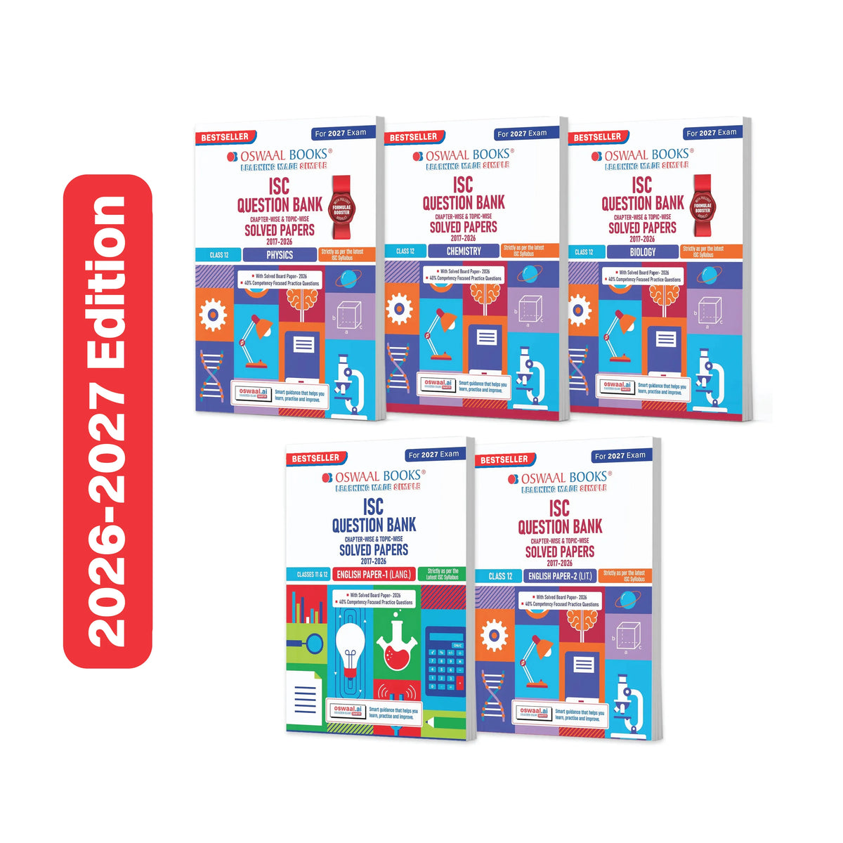 Oswaal Class 12 ISC Physics, Chemistry, Biology, English Paper-1 & 2 Question Bank (Set of 5 Books) (2017-2026) | Chapter-wise & Topic-wise with Competency Based Questions | For 2027 Exam