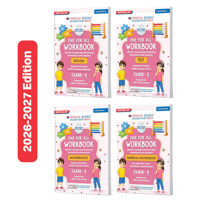 Oswaal One for All Workbook Class 2 English, Hindi, Maths & GK (Set of 4 Books) | 50+ Concept-wise Perforated Worksheets | NEP 2020 & NCF 2023 Aligned | For CBSE & State Boards | Builds Concept Clarity & Scientific Skills
