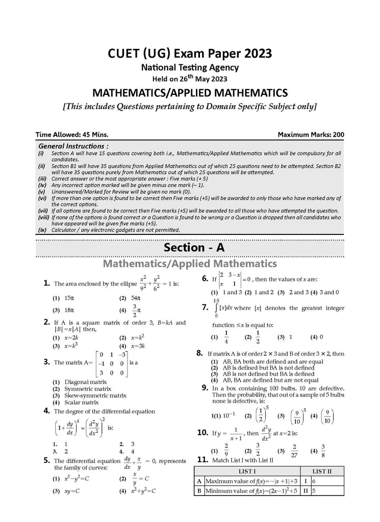 NTA CUET (UG)| Question Bank Chapterwise & Topicwise Mathematics/Applied Math For 2024 Exam Oswaal Books and Learning Private Limited