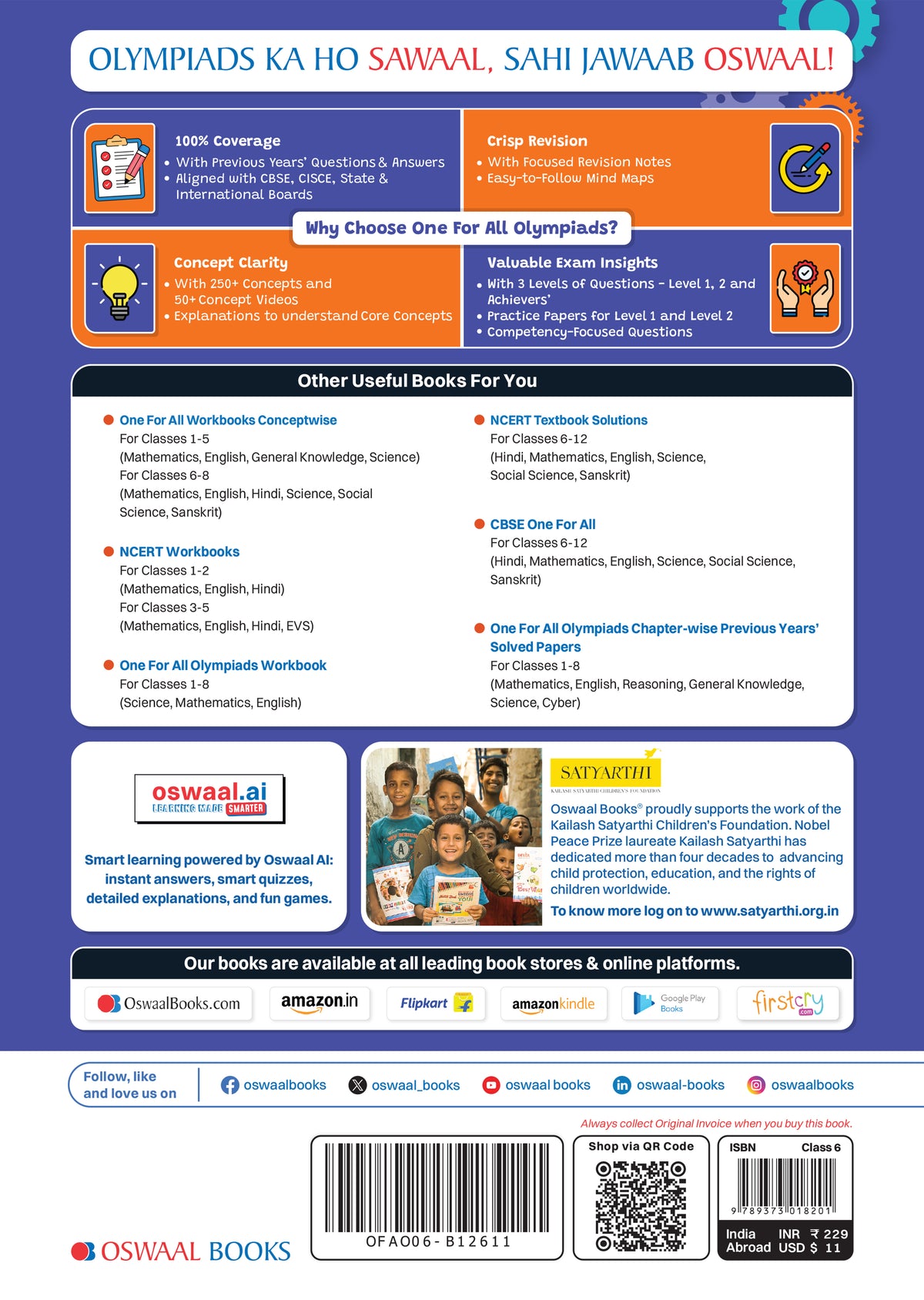 Oswaal One For All Olympiads Class 6 Maths Prep-Guide Book | Chapter-wise Previous Years' Solved Papers | Questions for SOF IMO & Other Olympiad Exams 2026 | With Sample Practice Papers & Oswaal.AI