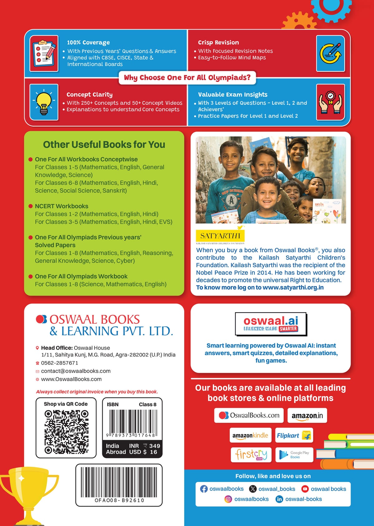One For All Olympiads Class 8 General Knowledge (GK) Prep-Guide Book | Chapter-wise Previous Years' Solved Papers | Questions for SOF& Other Exams 2026 | With Sample Practice Papers & Oswaal.AI