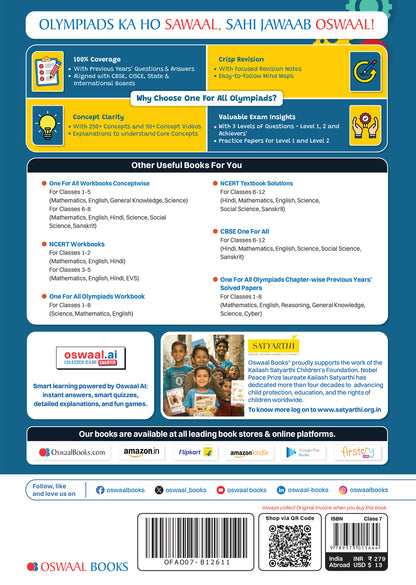 Oswaal One For All Olympiads Class 7 Maths Prep-Guide Book | Chapter-wise Previous Years' Solved Papers | Questions for SOF IMO & Other Olympiad Exams 2026 | With Sample Practice Papers & Oswaal.AI