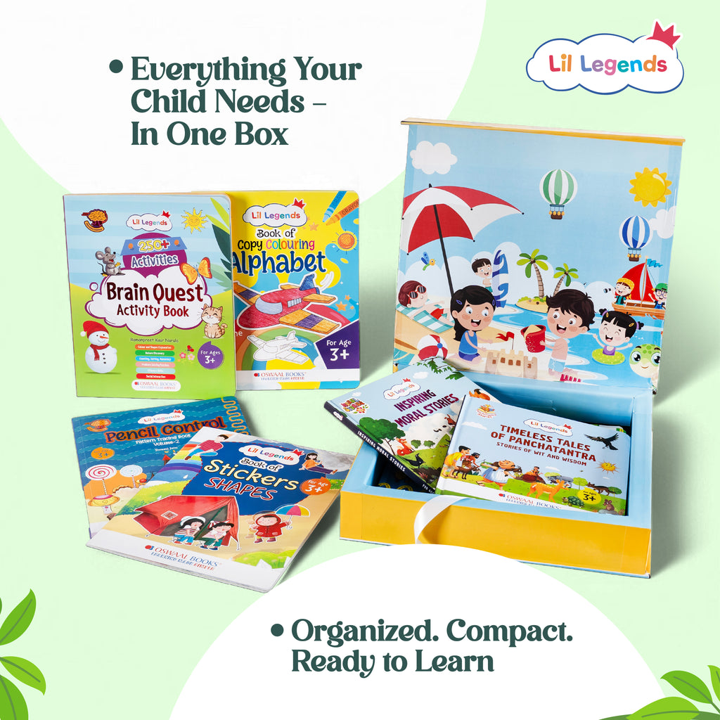 Lil Legends Busy Summer Brain Box for Kids Age 3+ | 11-in-1 Summer Vacation Learning Kit with Sticker Books, Colouring, Moral Stories, Activity Books & Free Stationery Kit