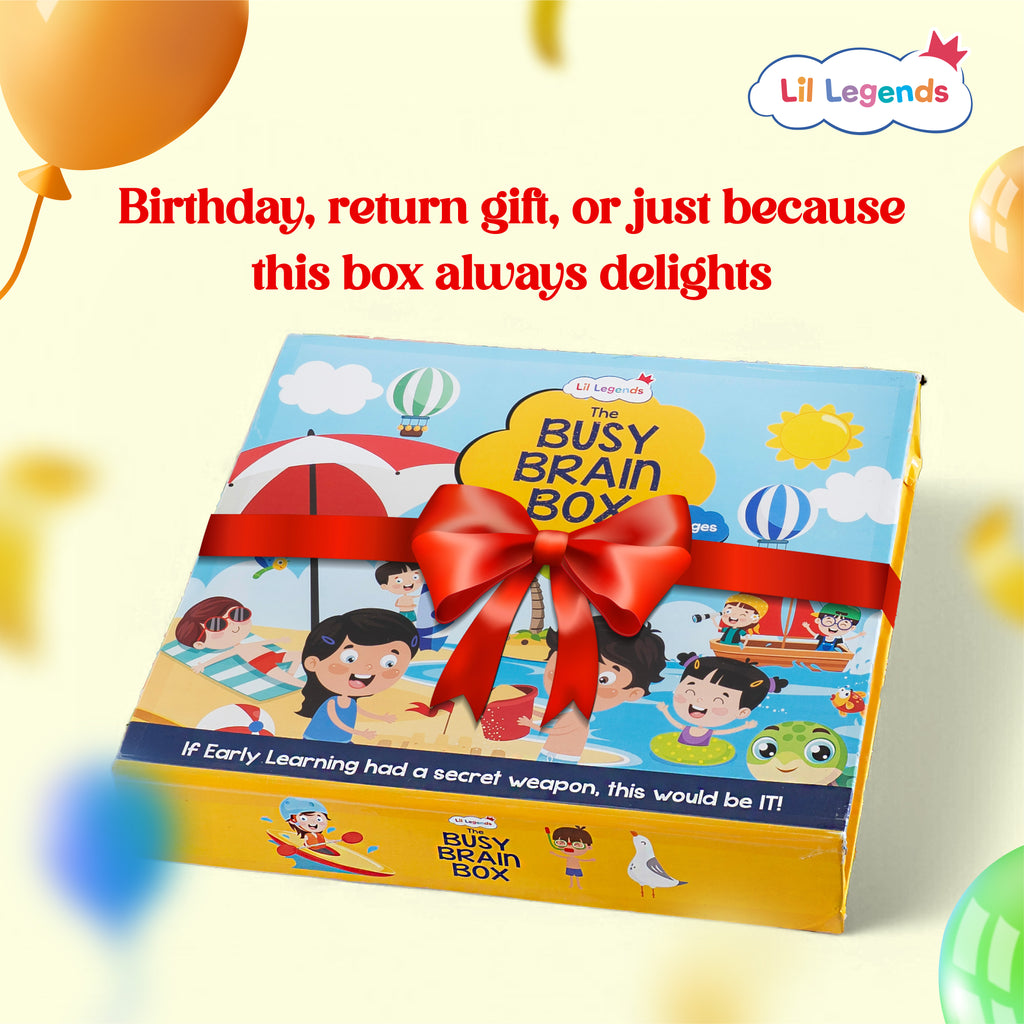 Lil Legends Busy Summer Brain Box for Kids Age 3+ | 11-in-1 Summer Vacation Learning Kit with Sticker Books, Colouring, Moral Stories, Activity Books & Free Stationery Kit