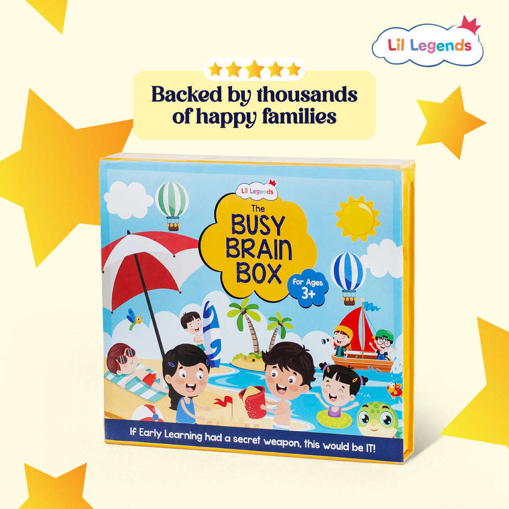 Lil Legends Busy Summer Brain Box for Kids Age 3+ | 11-in-1 Summer Vacation Learning Kit with Sticker Books, Colouring, Moral Stories, Activity Books & Free Stationery Kit
