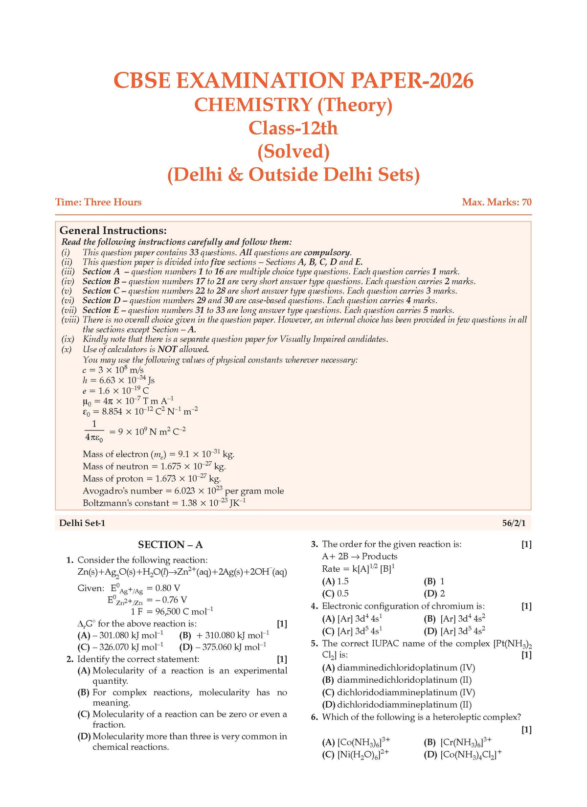 CBSE Question Bank for Class 12 Chemistry| Chapter-wise and Topic-wise: Solved Papers (2017-2026) | Includes 2026 Papers- fully solved | With oswaal.ai | For 2027 ExamÂ 