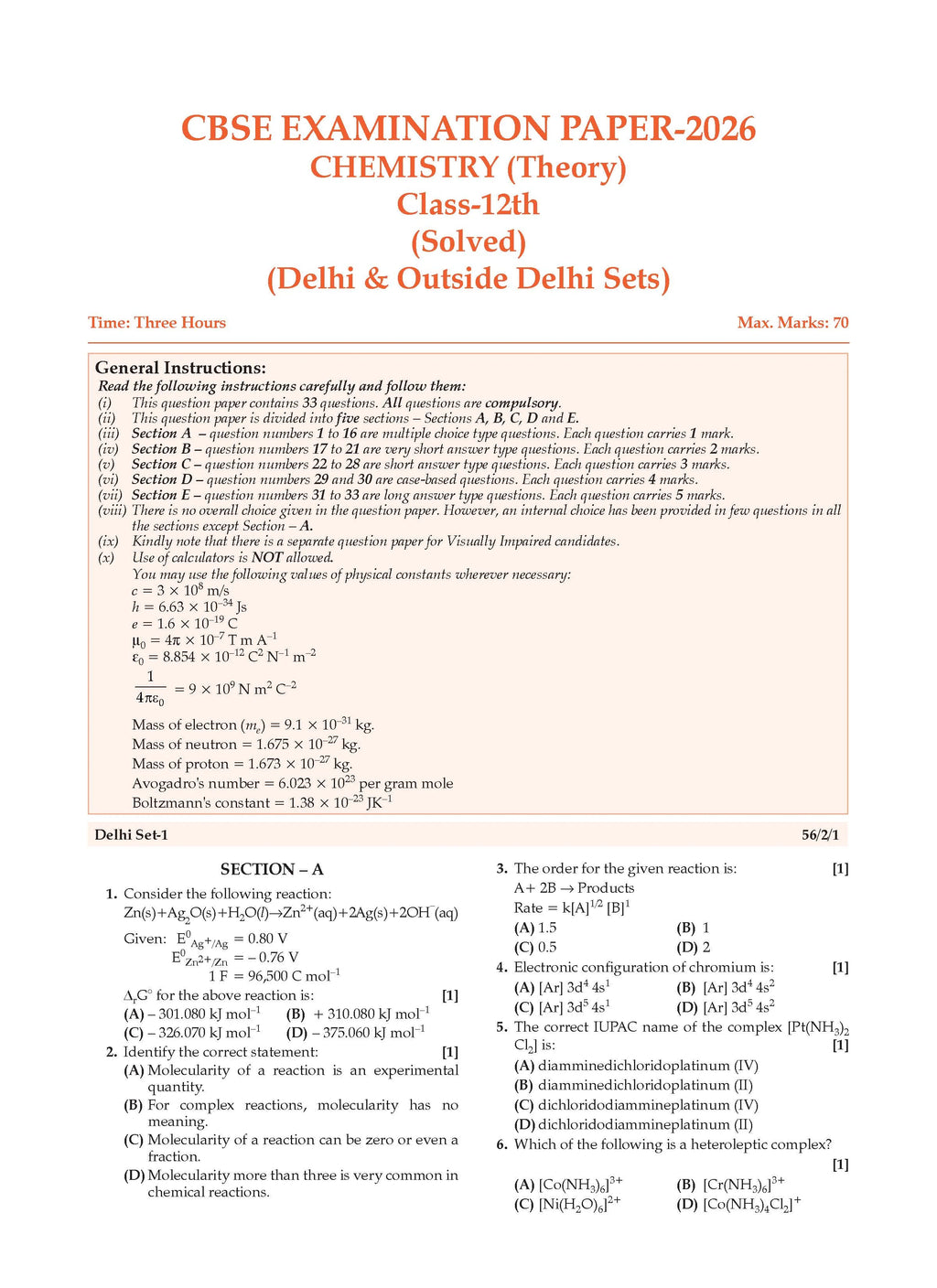 CBSE Question Bank for Class 12 Chemistry| Chapter-wise and Topic-wise: Solved Papers (2017-2026) | Includes 2026 Papers- fully solved | With oswaal.ai | For 2027 Exam 