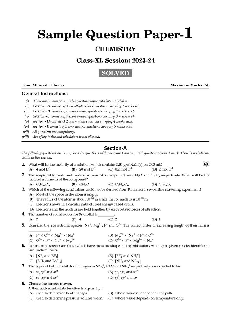 CBSE Sample Question Papers Class 11 Chemistry Book (For 2025 Exam) Oswaal Books and Learning Private Limited