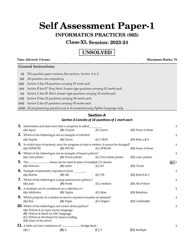 CBSE Sample Question Papers Class 11 Informatics Practices | For 2024 Exams
