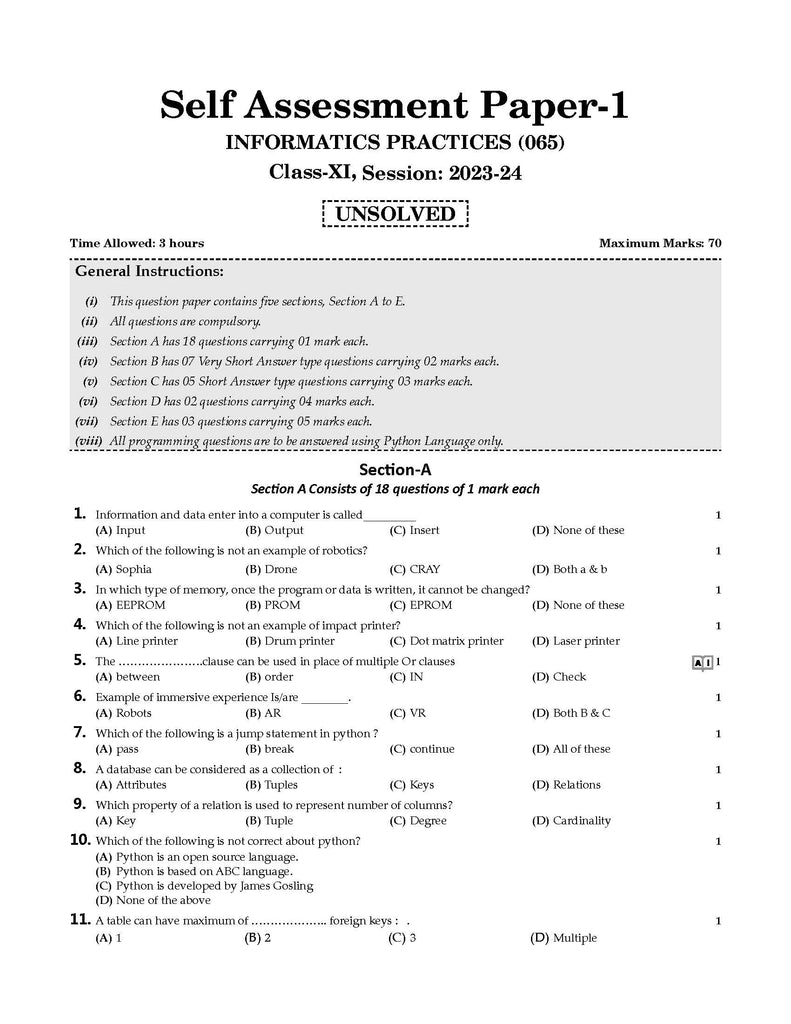 CBSE Sample Question Papers Class 11 Informatics Practices Book (For 2025 Exam) Oswaal Books and Learning Private Limited