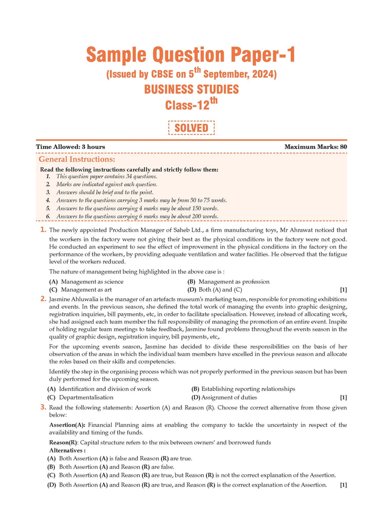 CBSE Sample Question Papers Class 12 Business Studies (For 2025 Exam) Oswaal Books and Learning Private Limited