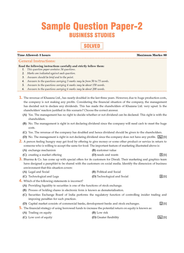 CBSE Sample Question Papers Class 12 Business Studies (For 2025 Exam) Oswaal Books and Learning Private Limited