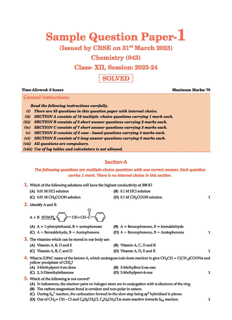 CBSE Sample Question Papers Class 12 Chemistry | For 2024 Board Exams