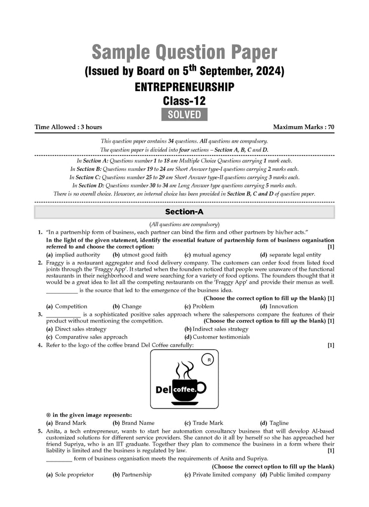 CBSE Sample Question Papers Class 12 Entrepreneurship (For 2025 Exam) Oswaal Books and Learning Private Limited